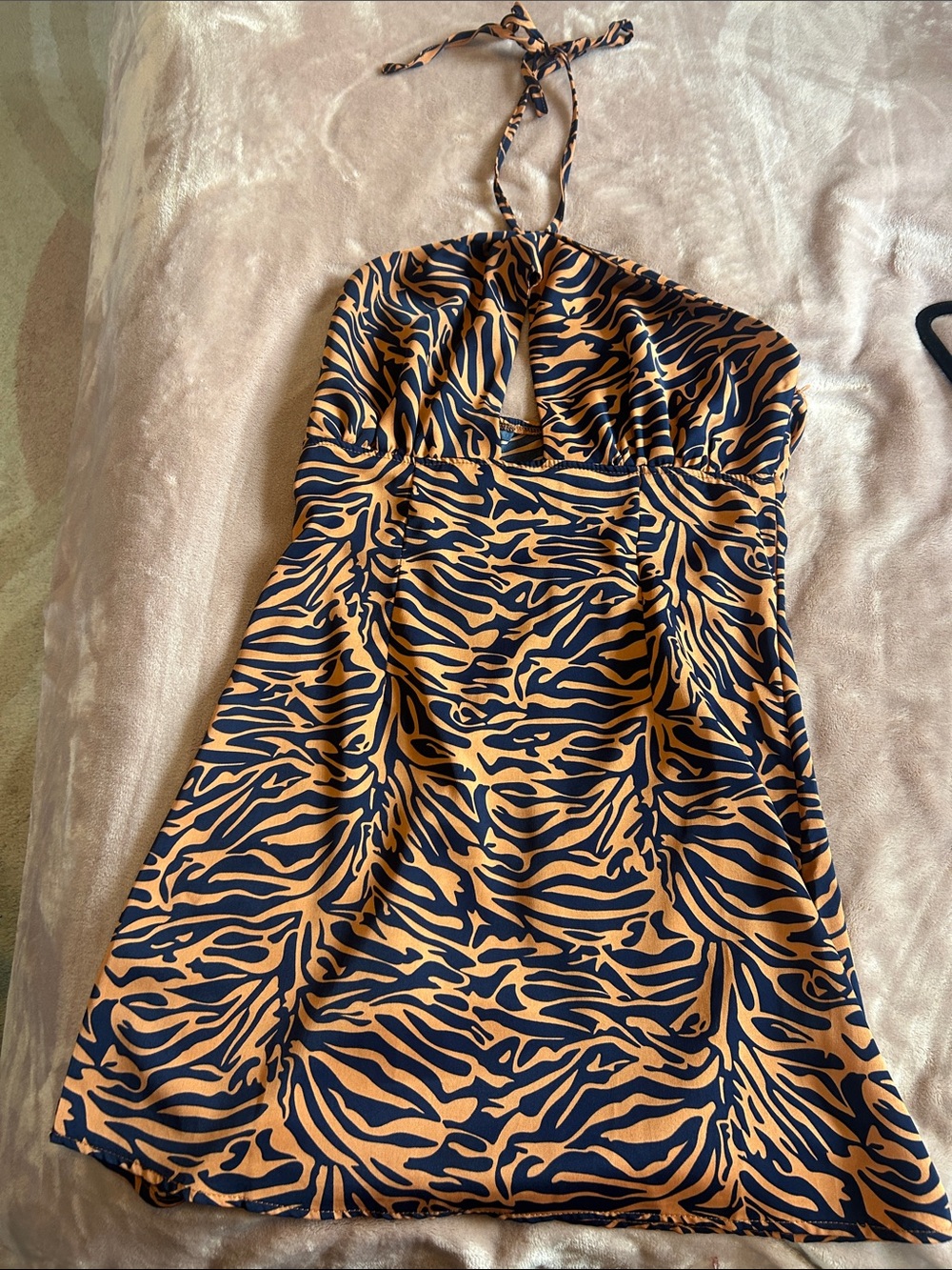 Navy and Orange Zebra Halter Mini Dress